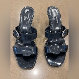 AK Anne Klein iFlex black patent slip on heeled sandals.